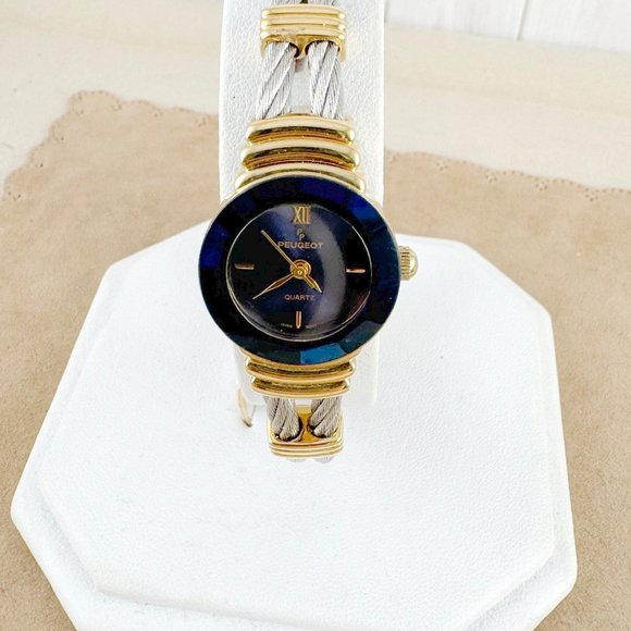 Vintage Peugeot Stainless Steel Cable and Gold Watch